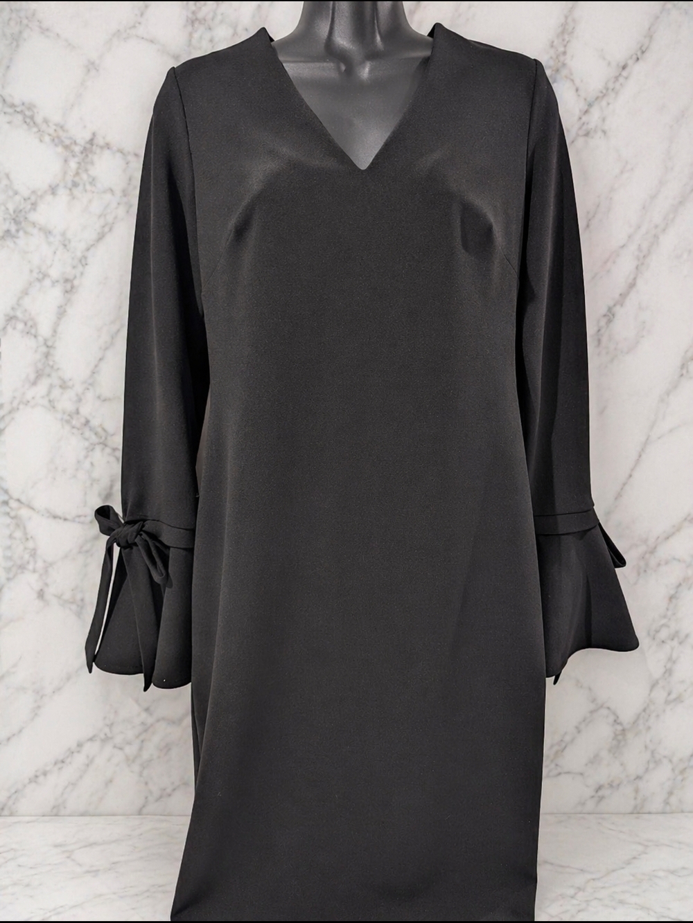 Calvin Klein Black Sheath Dress Size 4 Long Sleeve Tie Cuff Zip Back